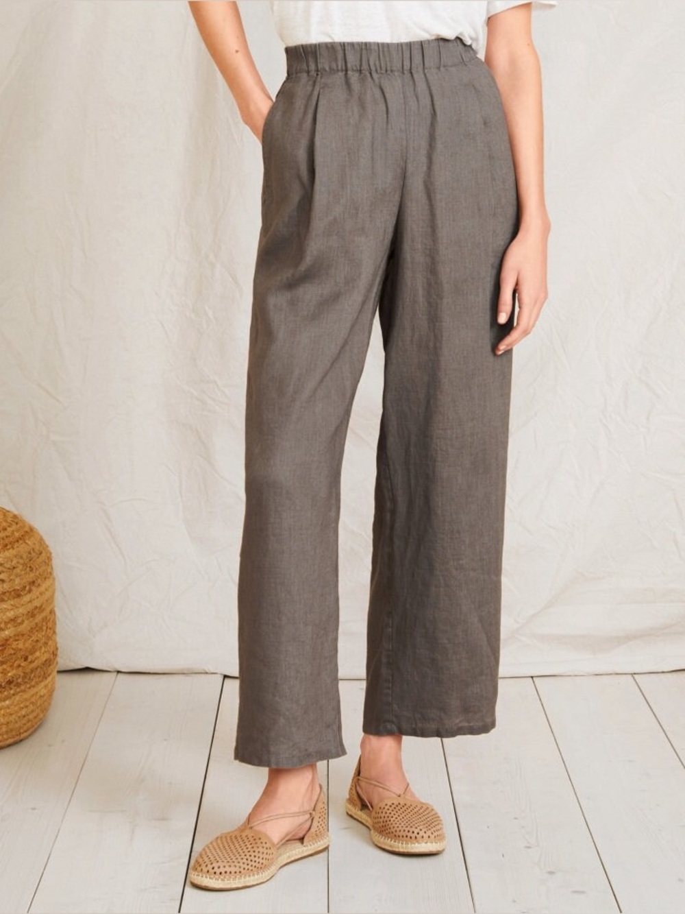 NWT Eileen Fisher Gray Organic Linen Relaxed Wide-Leg Ankle Pants Medium Petite